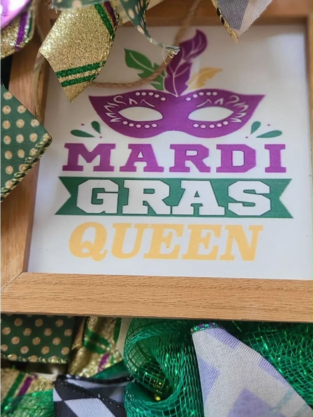 Mardi Gras Queen Decorative Wreath - Green, Purple & Gold Folds for storage